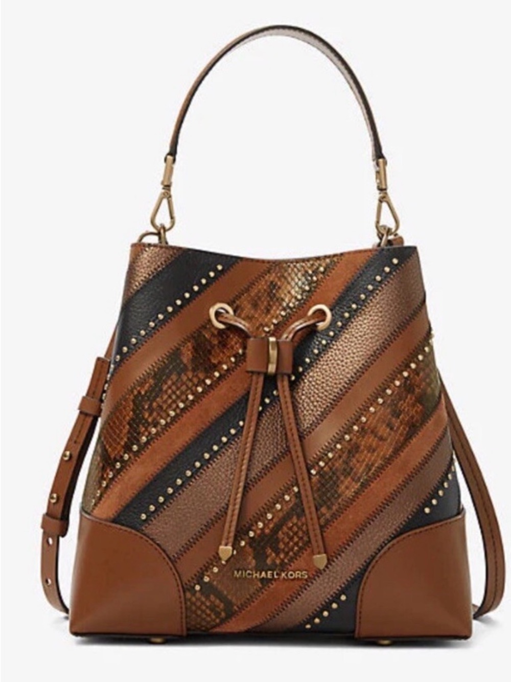 Michael Kors Brown and Black Leather Drawstring Bucket Shoulder Bag